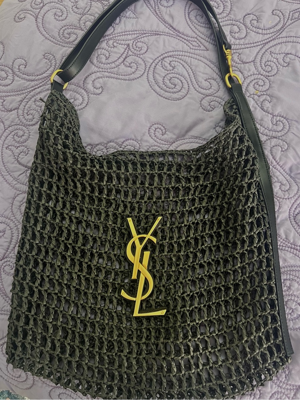 Saint Laurent YSL LIKE Black Raffia  Crochet Shoulder Bag with Gold YSL Logo - Picture 4 of 4